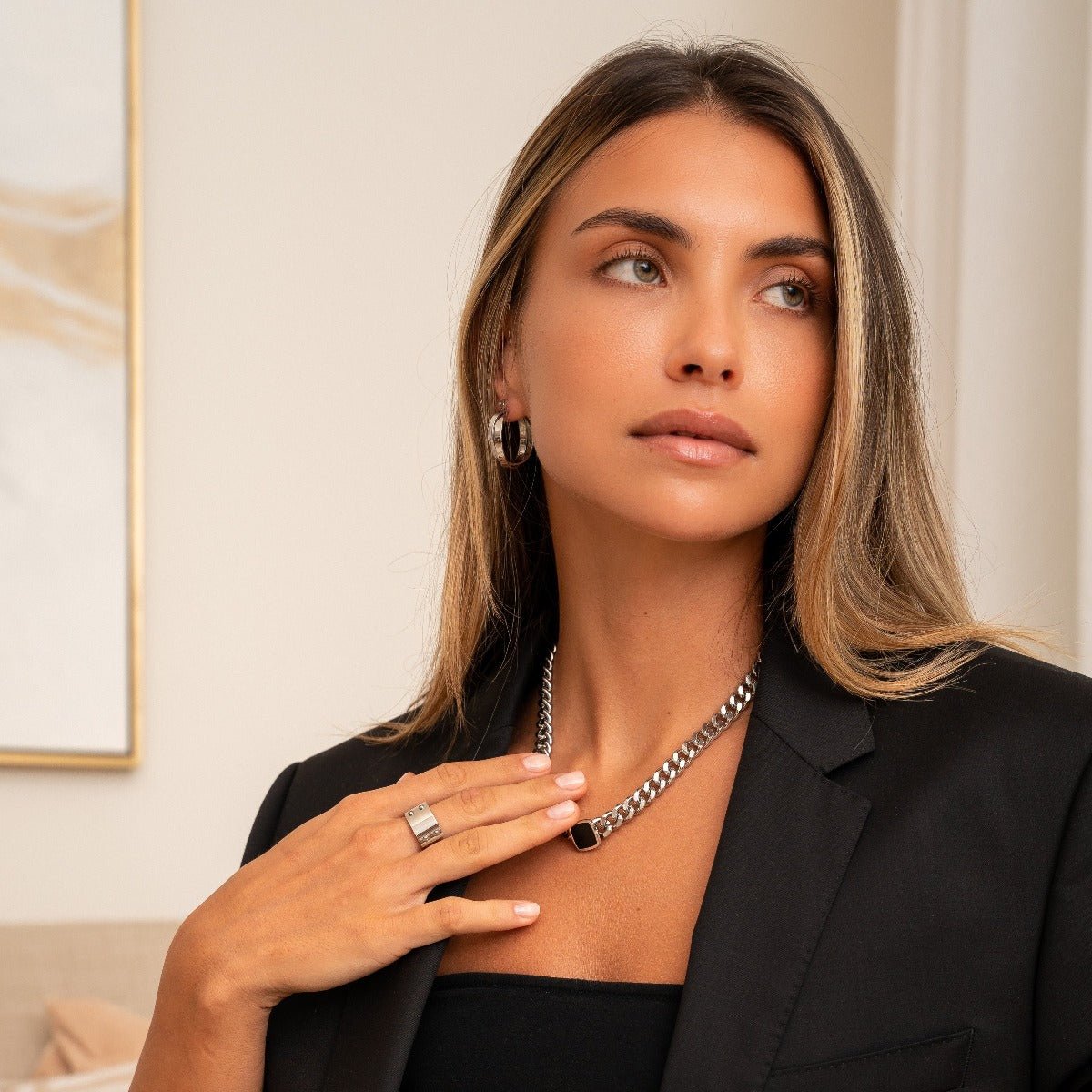 Necklaces Current Pedra Onix Quadrada - Silver - Uranos 